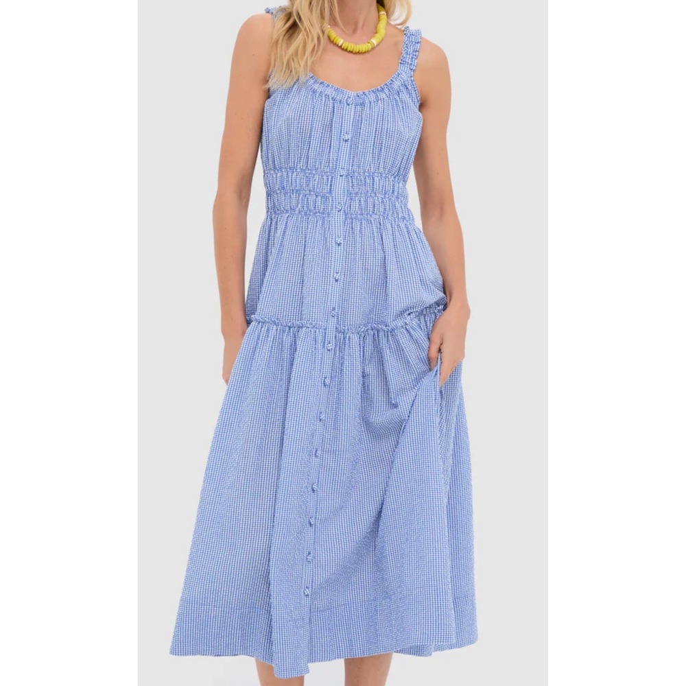 Tuckernuck Landis Maxi Dress Womens M Blue Gingham Seersucker Smocked Tiered - Picture 2 of 12